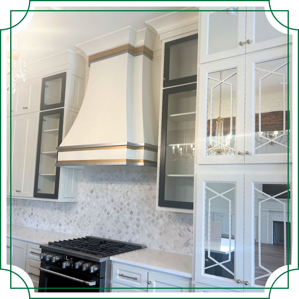 a new white kitchen with custom cut cabinet glass