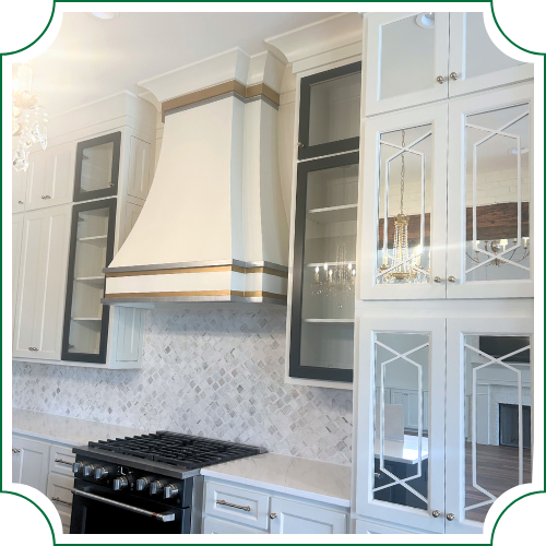 white glass cabinets in a kitchen