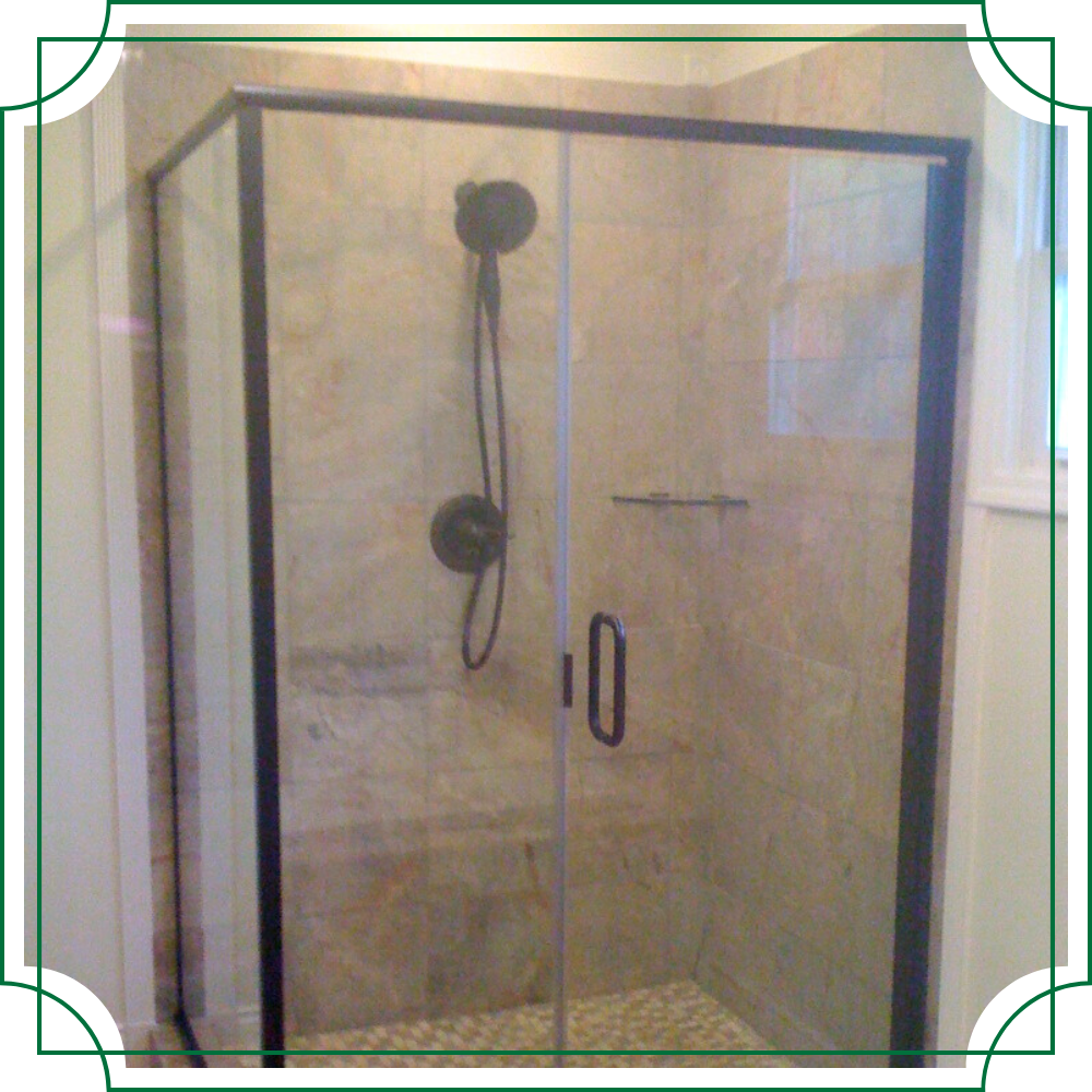 framed shower with black frame and black hardware